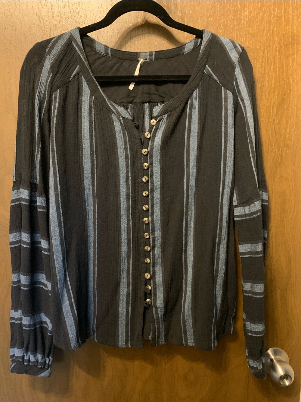 Free People Black and Light Blue Striped Button-Front Top